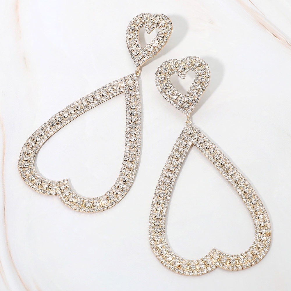 Gold Rhinestone Heart Statement Earrings - Picture 2 of 3